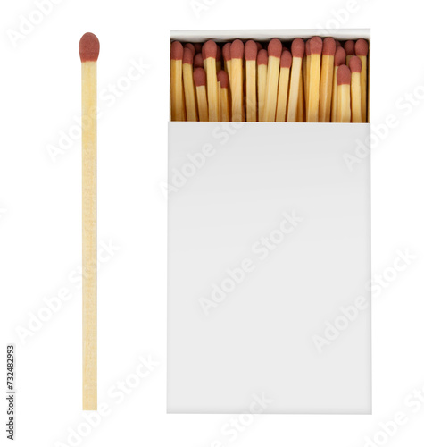 Box of wooden matches and match with red head on empty background