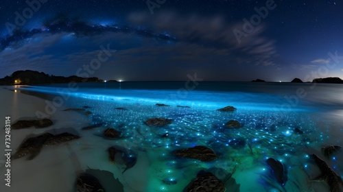 AI generated illustration of bioluminescent plankton washing ashore