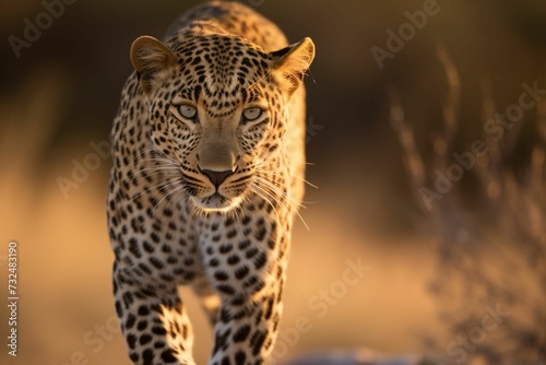 AI generated illustration of a majestic leopard walking across a sun-drenched sandy terrain © Wirestock
