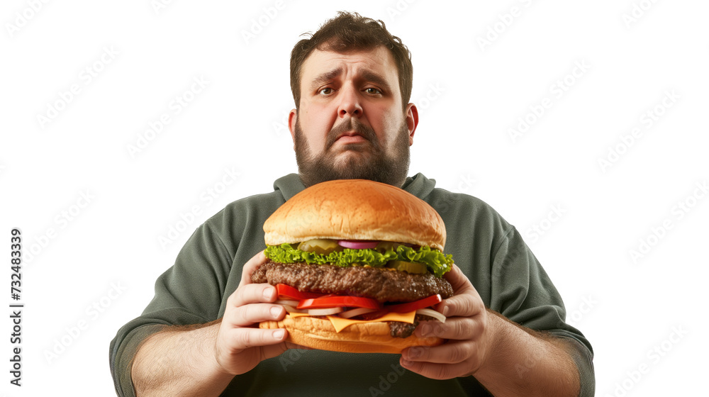 Plus size, portrait of man holding burger and unhealthy diet, isolated hungry person on transparent background. Junk food, weight loss and healthcare problem, cholesterol or fat food addiction Plus size, portrait of man holding burger and unhealthy diet, isolated hungry person on transparent background. Junk food, weight loss and healthcare problem, cholesterol or fat food addiction