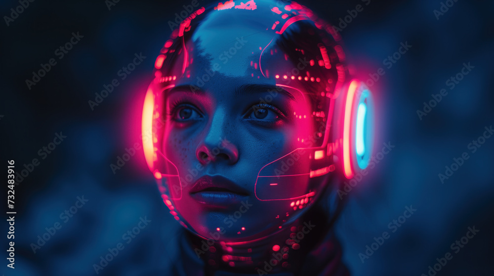 Human Merging with AI Technology Half Human Half Robot. A cinematic still from a fictional movie based in the future. Background image. Created with Generative AI technology Human Merging with AI Technology Half Human Half Robot. A cinematic still from a fictional movie based in the future. Background image. Created with Generative AI technology
