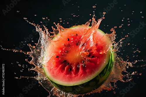 AI-generated illustration of a ripe watermelon suspended in mid-air against a black background.