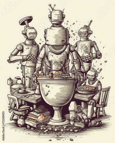 AI generated illustration of a group of robotic figures interacting with a range of objects photo