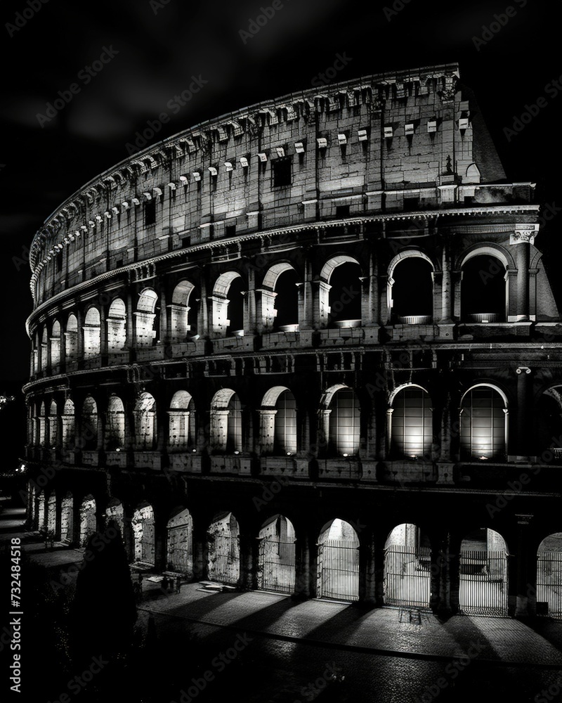 AI generated illustration of the Roman Colosseum illuminated by street lamps in black and white