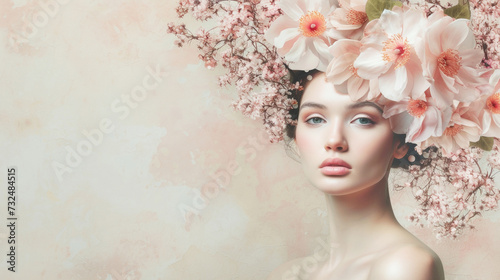Collage of a model with spring flowers in her hair. Young and fresh