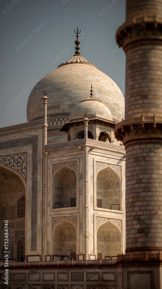 Fototapeta premium AI generated illustration of the Taj Mahal building surrounded by two tall towers