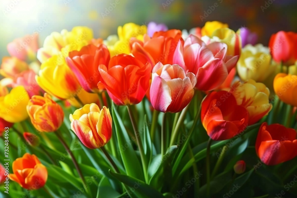 Colorful spring flowers tulips. generative ai.