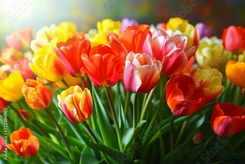 Colorful spring flowers tulips. generative ai.