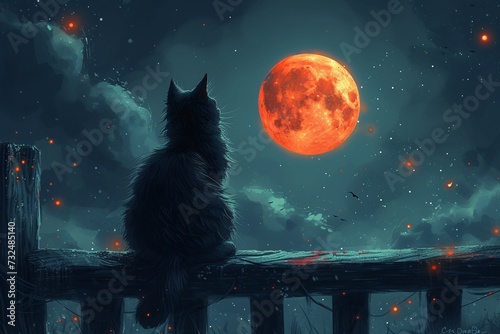 A Cat's Night Watch: A Red Moon Rises Generative AI