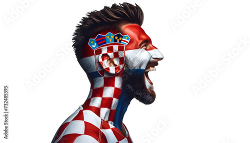 man soccer fun profile portrait with painted face of croatiannational flag isolated on transparent background