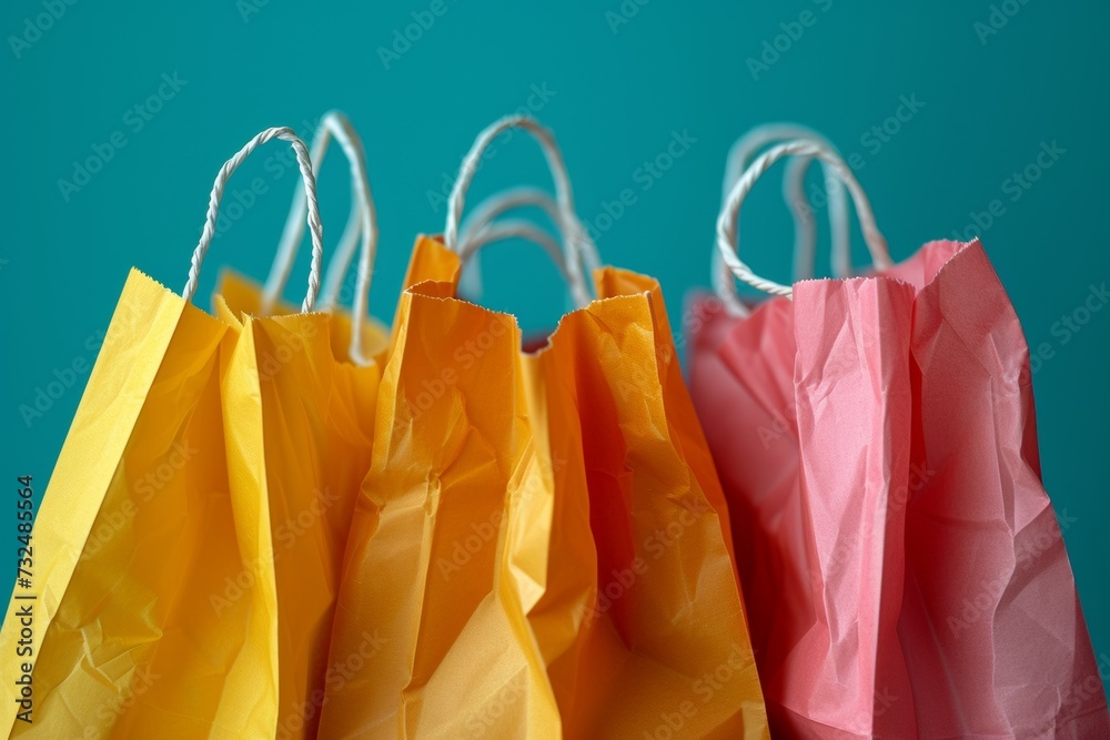 Vibrant Shopping Bags in Yellow, Orange, and Pink Against Teal Background Vibrant Shopping Bags in Yellow, Orange, and Pink Against Teal Background