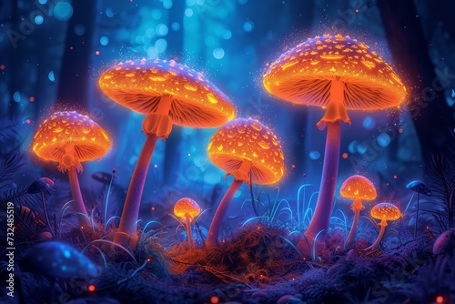 Illuminated Neon Mushrooms in Mystical Forest Setting