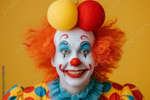 Close-up of a clown with colorful makeup and a joyful expression against a yellow background © Viktoriia