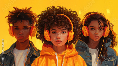 close up view of girls with headphones wearing casual clothes and curly hair enjoying music on yellow background  Illustration  patter. Generative Ai 