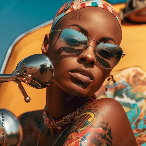 Female motorcyclist with tattoos and a vibrant patterned headwrap, ai-generated