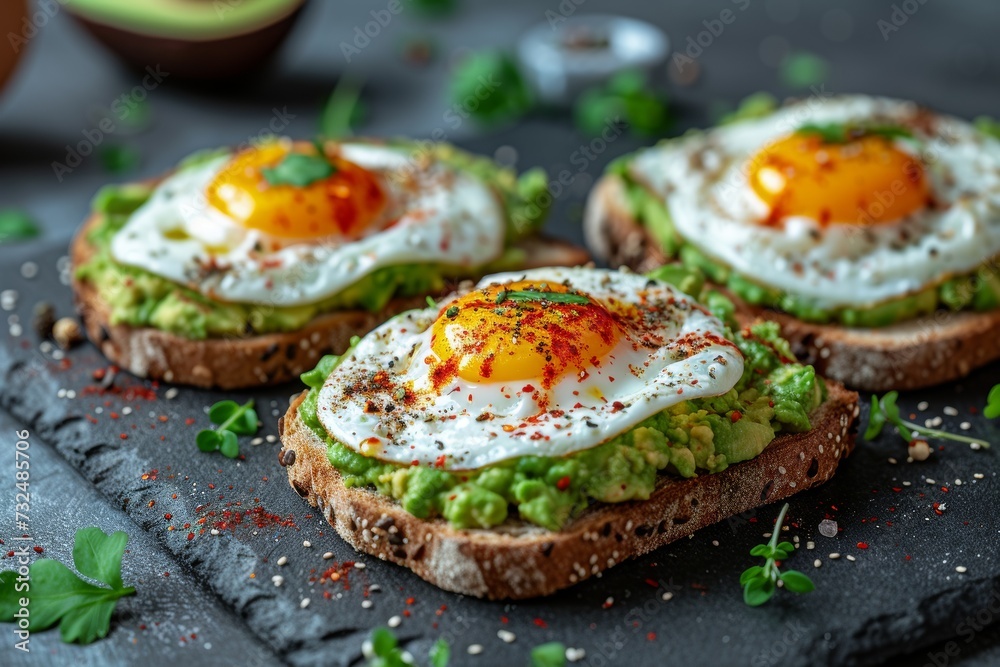 Gourmet Avocado Toast Topped with Fried Eggs and Sprinkled with Spices Gourmet Avocado Toast Topped with Fried Eggs and Sprinkled with Spices