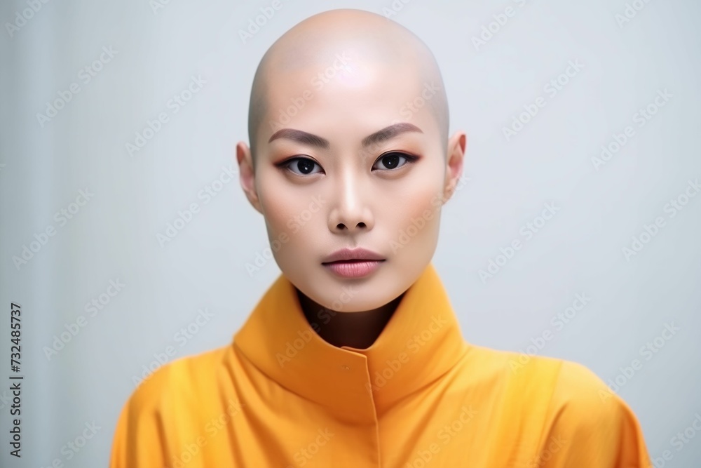 a woman with a shaved head and an orange coat on is looking to the side a woman with a shaved head and an orange coat on is looking to the side