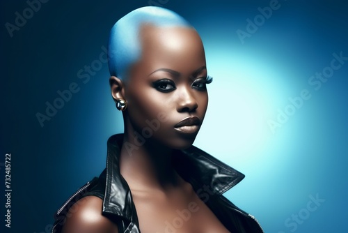 Stylish African American woman with short blue hair wearing a black leather jacket, AI-generated