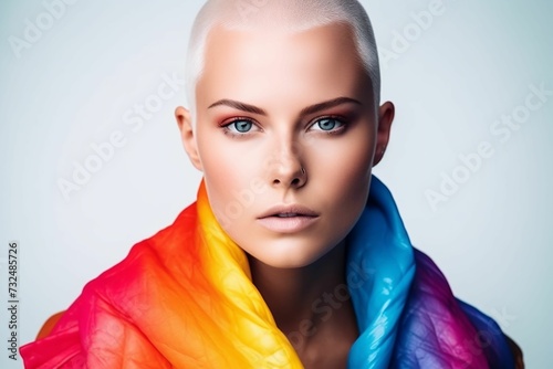 AI generated illustration of a beautiful bald woman with a colorful scarf