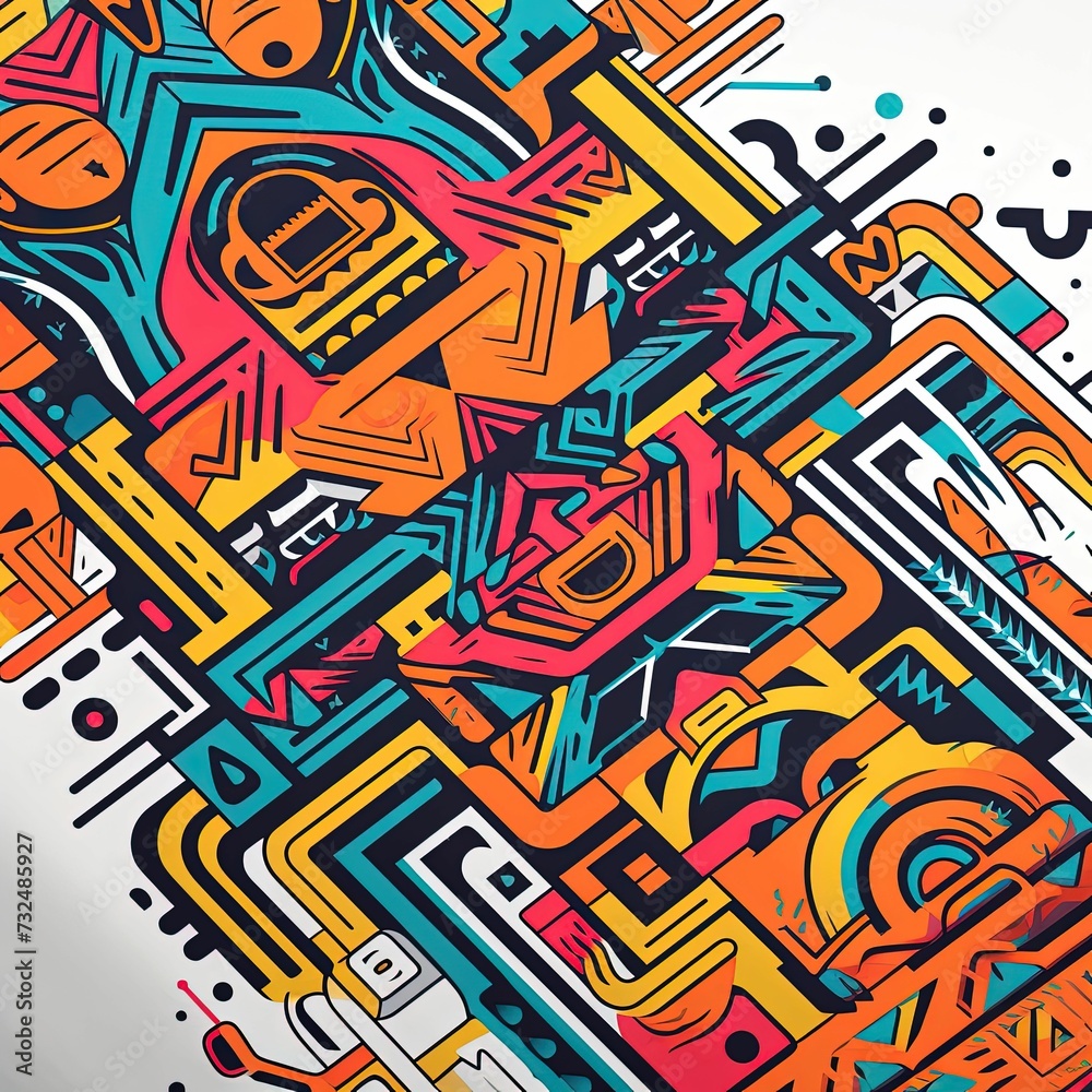 AI generated illustration of a vibrant, multicolored tribal-style graffiti artwork