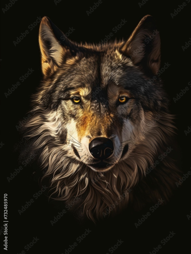 AI generated illustration of a wolf's face against a dark background illuminated by its glowing eyes