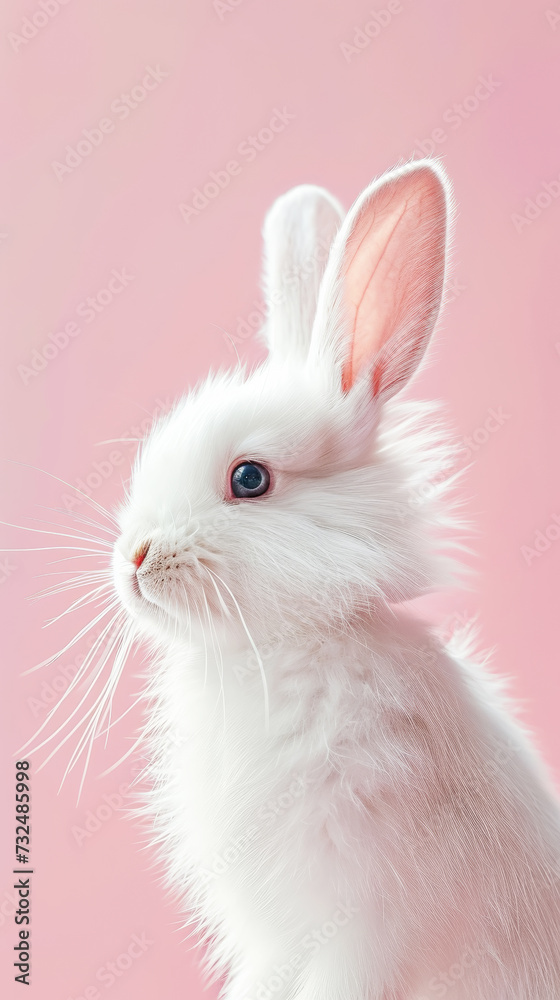 Fototapeta premium White fluffy bunny peeking from edge. Pastel pink and blue background. Copy space. Greeting card concept. Generative AI