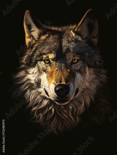 AI generated illustration of a wolf's face against a dark background illuminated by its glowing eyes © Wirestock
