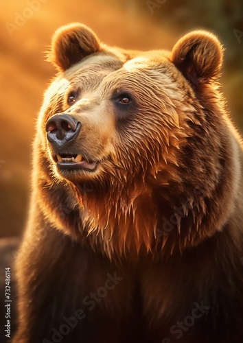 AI generated illustration of a close-up of the head of a grizzly bear with a bright sunlight
