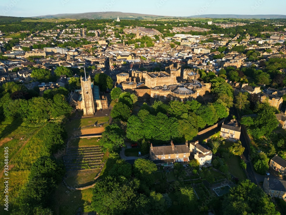 Drone view of the Lancaster Priory on a sunny day in England