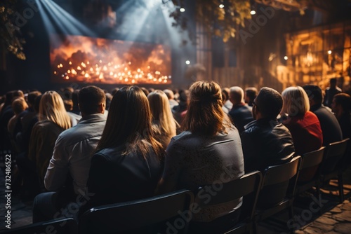 From behind, the audience fills the conference hall or seminar, attentively listening to the speaker's presentation