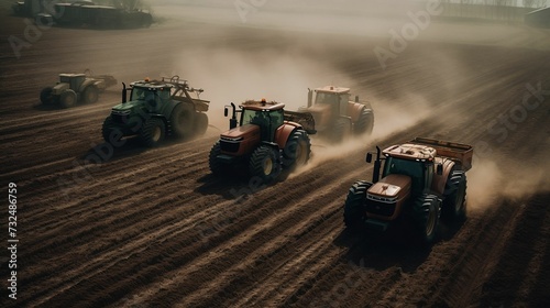 AI-generated illustration of tractors working on a rural field in the countryside.