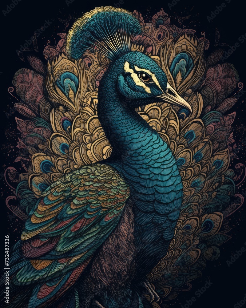 AI generated illustration of of a vibrant peacock art piece set against a black background