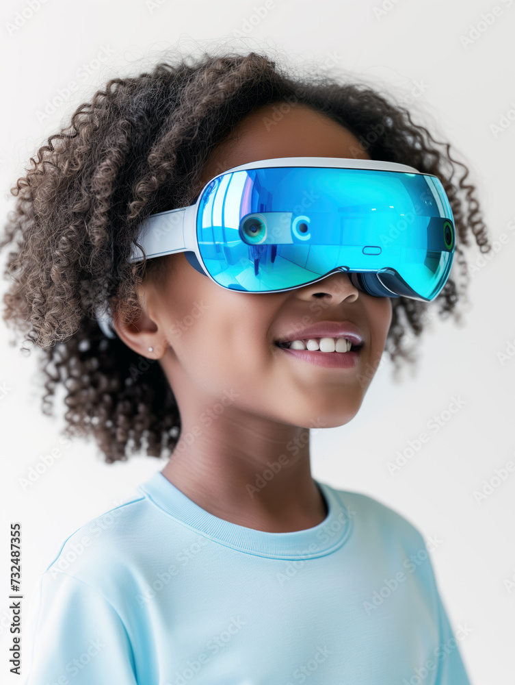 Portrait smiling happy child wearing virtual reality glasses on white background Portrait smiling happy child wearing virtual reality glasses on white background