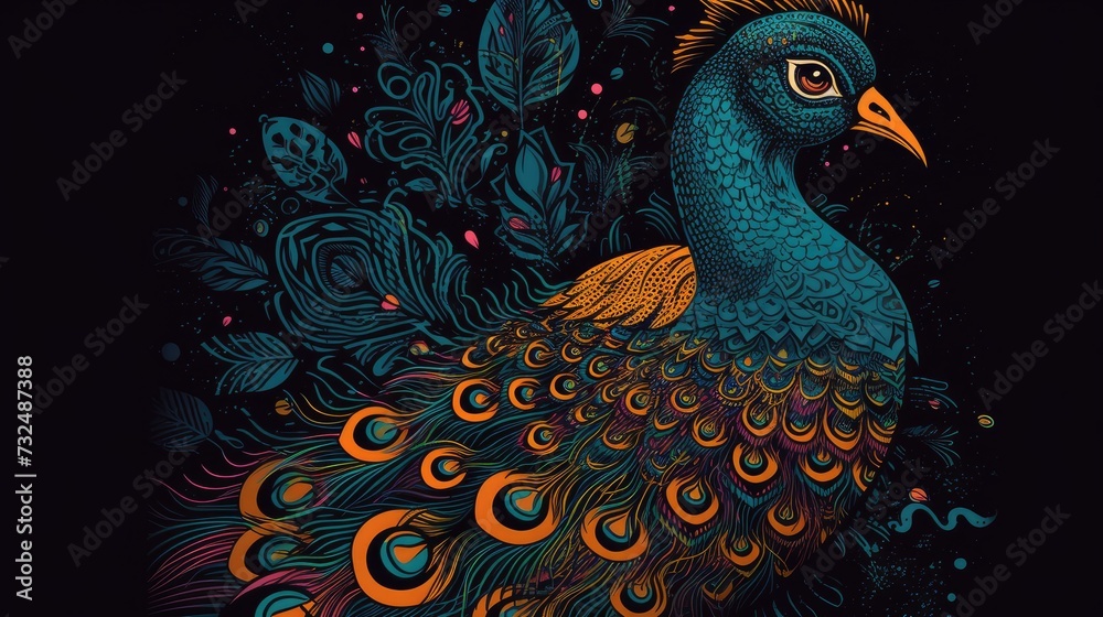 Fototapeta premium AI generated illustration of of a vibrant peacock art piece set against a black background