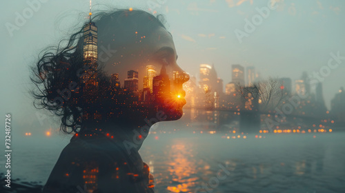 double exposure man Side Profile and NY skyscrapers glowing with day lights creating a halo effect around.