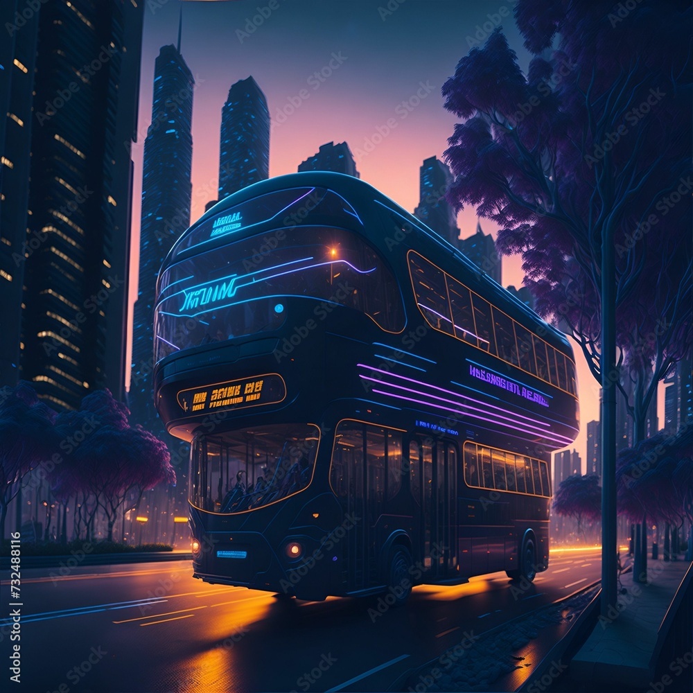 AI generated illustration of a modern bus driving down a busy street in ...