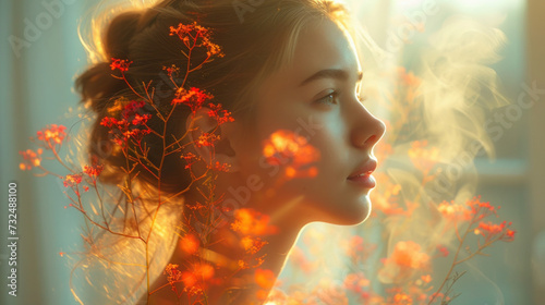 Unity of human with nature, beauty of youth and femininity. Double exposure portrait of young pretty woman combined with bright spring garden flowers