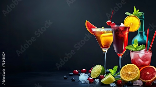 Cocktails assortment served on dark background. Classic drink menu concept, realistic, HD, copy space - generative ai