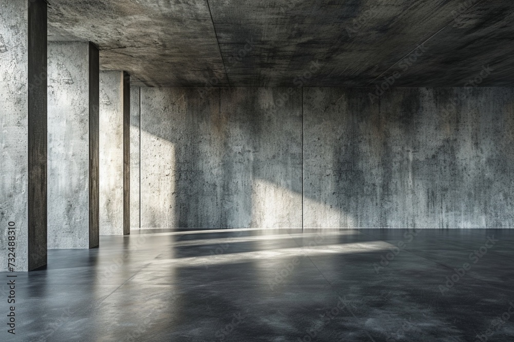 A concrete room with walls and floor. Concrete wall and floor abstract background. Generative AI.