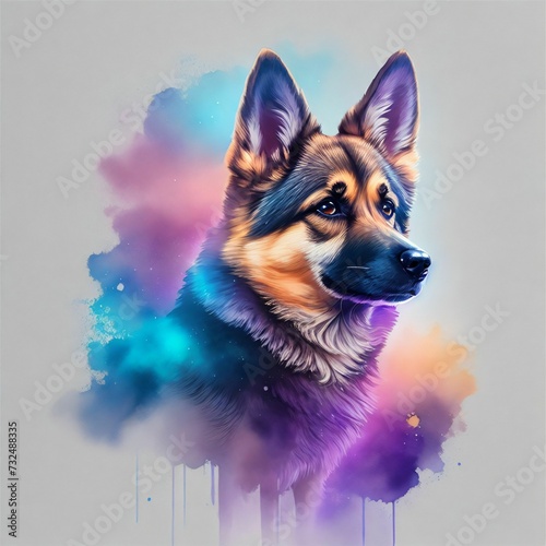 AI generated illustration of a German Shepherd dog with abstract watercolor powdery patterns