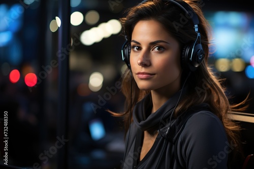 A diligent female call center agent is depicted, fully focused and dedicated to providing exceptional customer service with unwavering professionalism