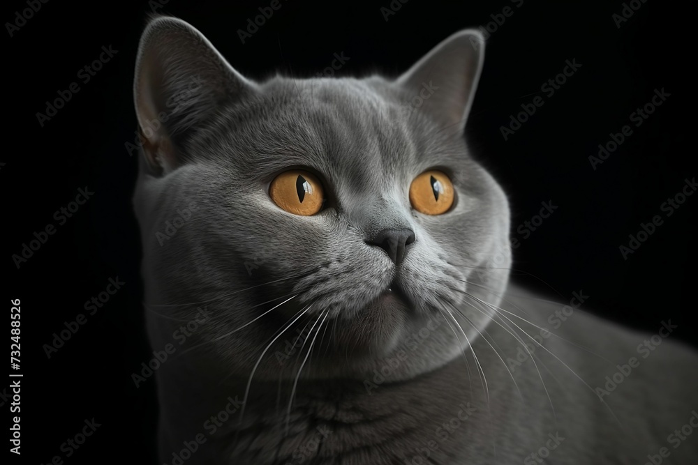 AI generated illustration of a British Shorthair cat with alert and inquisitive bright yellow eyes