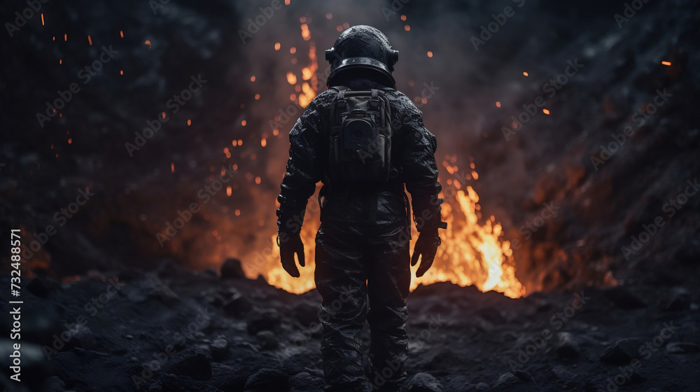 AI-generated illustration of an astronaut walking towards bursting lava.