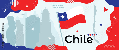 Republic of Chile holiday banner with national Chilean flag and country map silhouettes. Modern retro design with abstract geometric shapes and memphis style elements