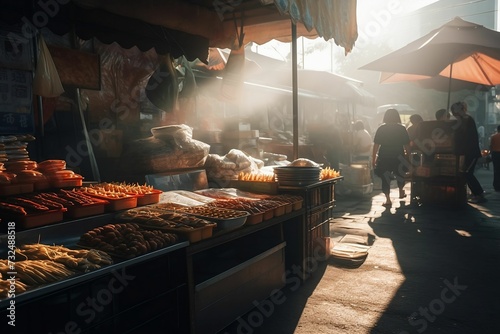 AI generated illustration of an outdoor Asian food market