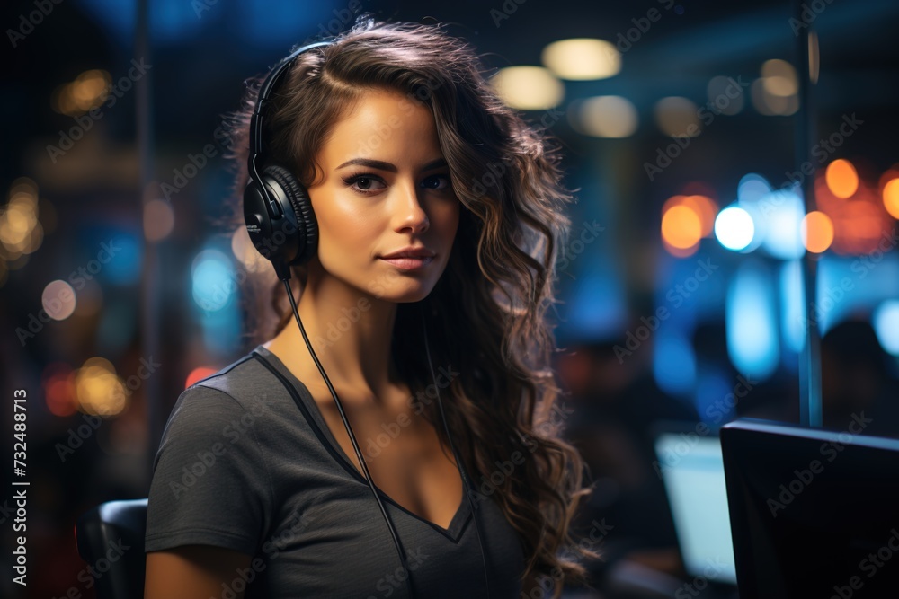 In this portrayal, a committed female call center agent demonstrates unwavering focus and dedication as she assists customers with their inquiries In this portrayal, a committed female call center agent demonstrates unwavering focus and dedication as she assists customers with their inquiries