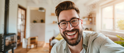 Um homem feliz sorrindo usando uma camiseta branca tirando uma selfie em casa  photo