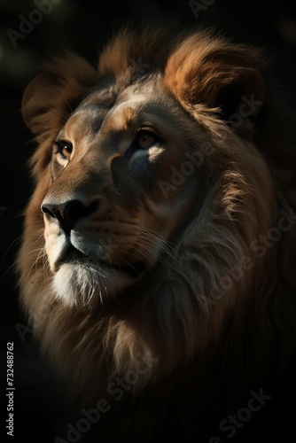 AI generated illustration of a lion with a long and flowing mane stands proudly
