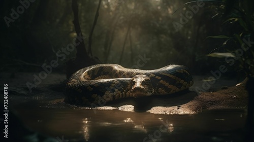 AI generated illustration of a large Anaconda coiled up in a sunny near a body of water