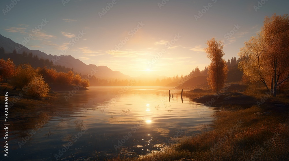 AI generated illustration of a serene landscape featuring a lake surrounded by lush greenery